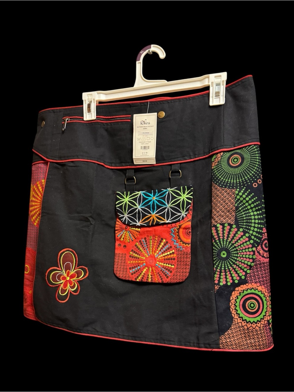 Boho Rhea Black Mini Skirt with Colorful Patchwork Pocket in front